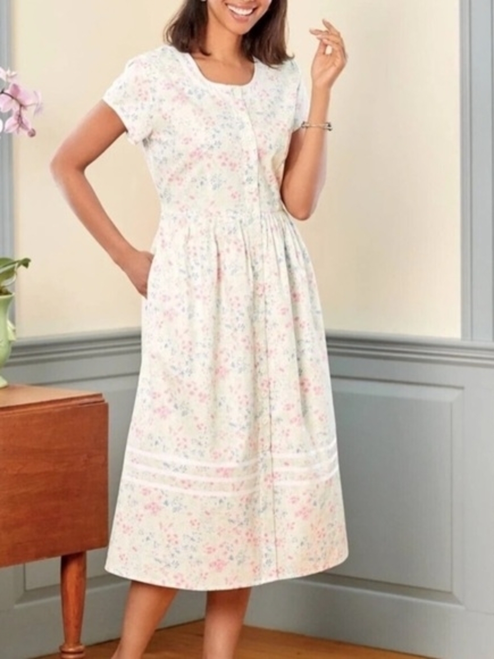 Lanz Of Salzburg Floral Short Sleeve Cotton Nightgown With Tie Waist
